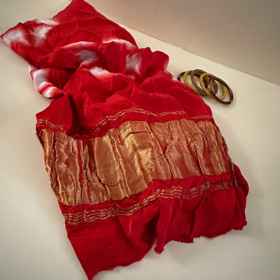 Bright Red Silk Modal Silk Dupatta with Shibori Dye and Tissue Border